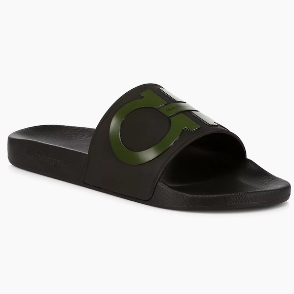 NIB FERRAGAMO Groove Gancini Pool Slides- dark green (13) main image 4